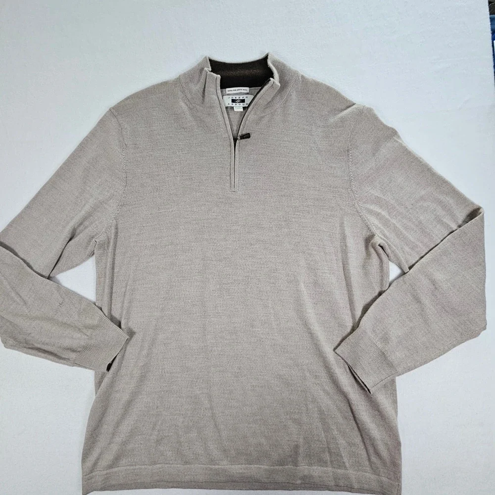 Joseph Abboud Mens 2XLT Extra Fine Merino Wool Quarter‎ Zip Sweater Taupe Tall